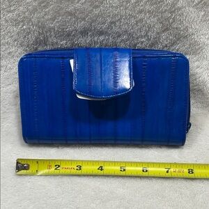 Sleek Blue Zip-Around Wallet Clutch with Snap Tab